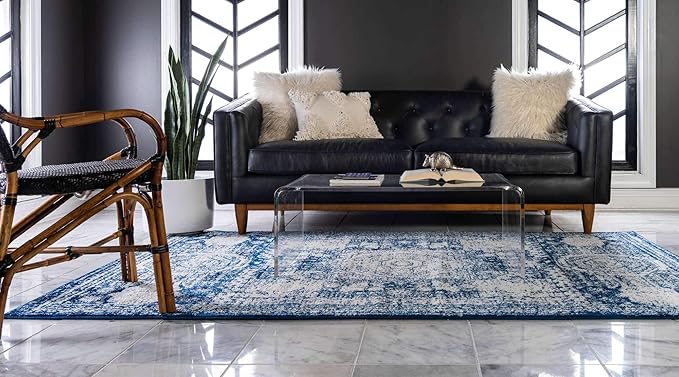 Unique Loom Bromley Collection Area Rug - Wells (9' x 12' 2" Rectangle, Ivory and Blue/ Ivory)