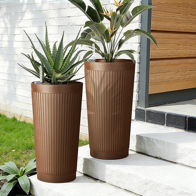 Set of 2 Tall Self-Watering Planters, 24" Large Planters with Water Level Indicator for Indoor & Outdoor Plants, Modern Planters for Garden, Patio, Balcony, Porch, Terracotta