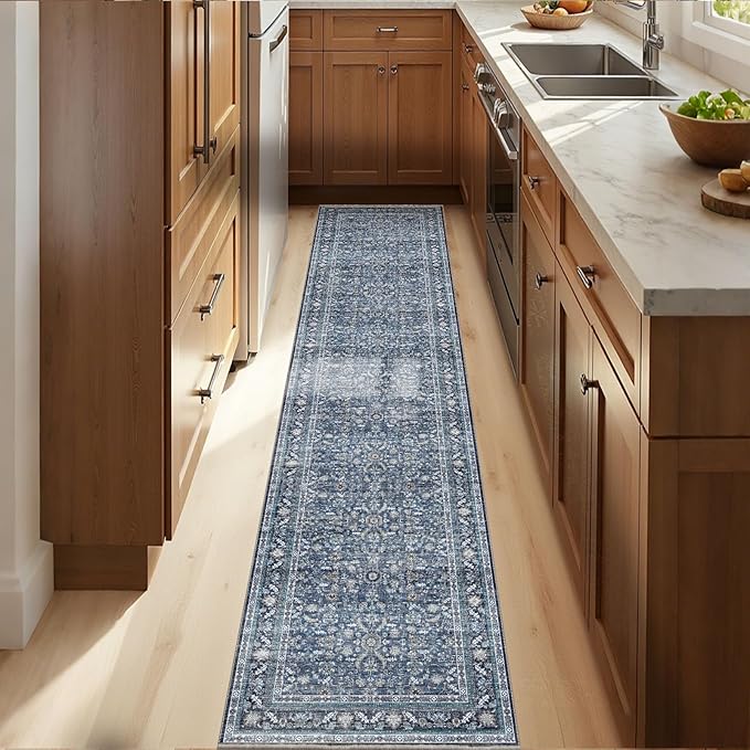 OPPODREAM Vintage Blue 2x10 Runner Rug, 2 x 10 Retro Washable Rug Non Slip, Low-Pile Faux Wool Carpet, Distressed Navy Floor Mat for Kitchen, Hallway, Entry-Way, Entrance, Indoor Back Door