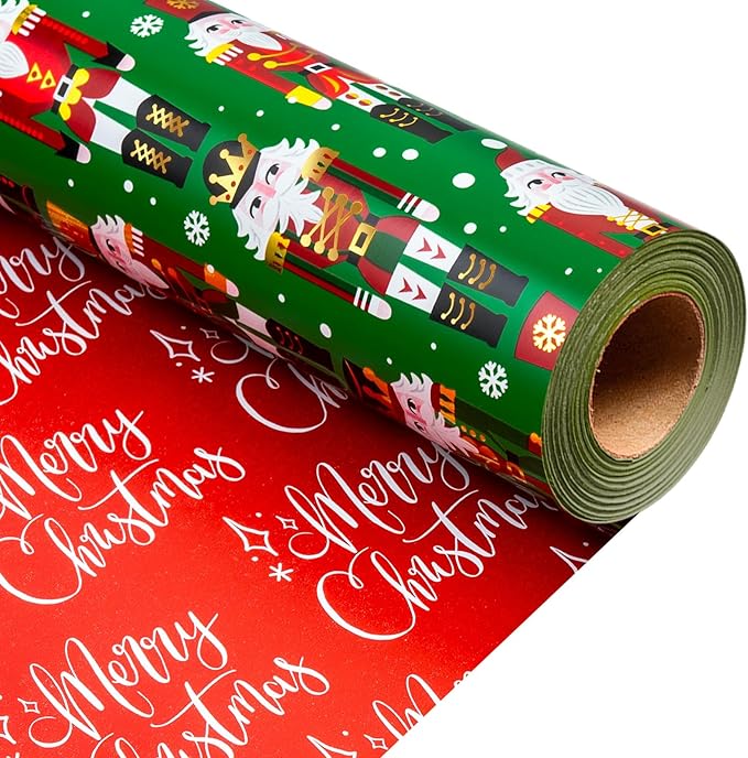 MAYPLUSS Christmas Nutcracker Wrapping Paper, Reversible Christmas Gift Wrapping Paper, Funky Cute Green Nutcracker Print Thick Gift Wrap Metallic Foil Paper for Holiday (Mini Roll, 17 Inch X 33 Feet)