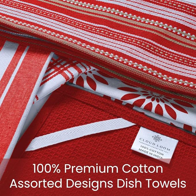 Assorted Kitchen Towels - Red Kitchen Towels, Set of 5, 16x26 in - Absorbent 100% Cotton Dish Towels with Hanging Loop - Waffle Weave Tea Towels for Drying Dishes, Glassware & Counters