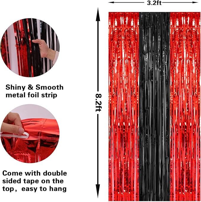 2 Pack 3.2x8.2 Feet Black and Red Foil Fringe Curtains Party Decorations, Tinsel Curtain Backdrop Streamers for Birthday Graduation Fiesta Stranger Theme Halloween Christmas Party Supplies