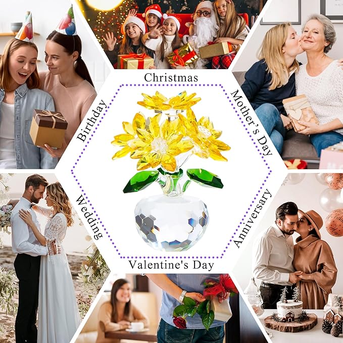 YWHL Handmade Yellow Crystal Flower Figurine with Base, Beautiful Glass Flower Gifts for Women, Flower Collectible Figurines Decoration for Christmas, Valentine's Day, Wedding (Yellow)