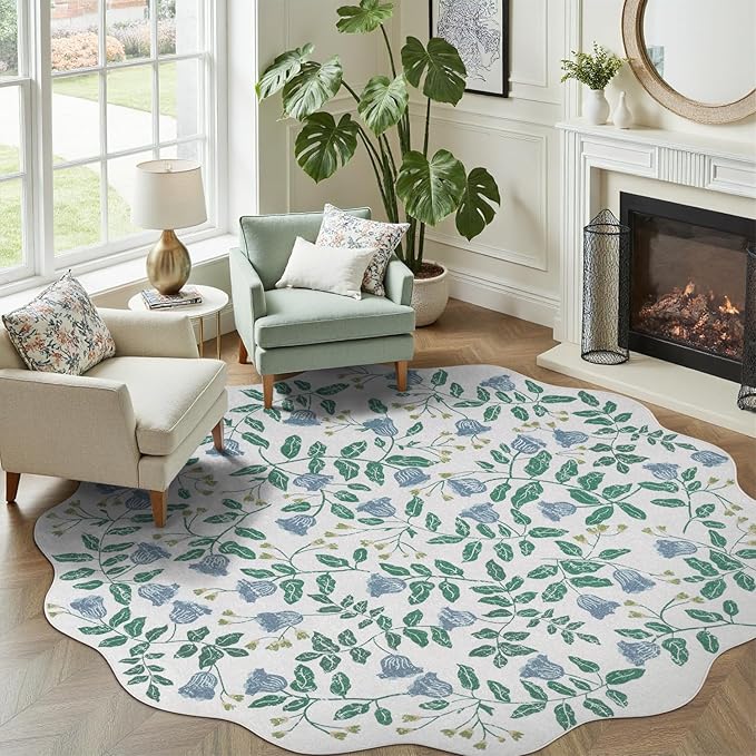DCX Washable Botanical Floral 5x5 Roung Rug, Blue and Green Scalloped Rug, Non Slip Low Pile Carpet for Bedroom, Living Room, Kid & Pet Friendly