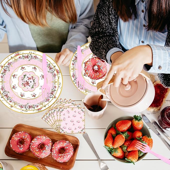 96pcs Floral Party Supplies Flower Paper Plates and Napkins Tableware Set for 24 Guest Floral Party Disposable Paper Dinner Plates Napkins Forks for Birthday Bridal Shower Tea Party Supplies