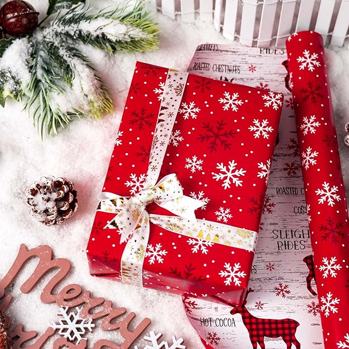 MAYPLUSS Christmas Wrapping Paper Roll, 17 Inch X 16.5 Feet Christmas Gift Wrapping Paper Featuring Reindeer Reversible Snowflake Thick Wrap Paper for Holiday Party New Year Kids