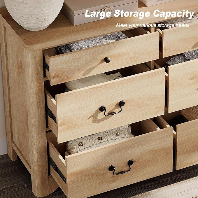 WAMPAT 12 Drawer Dresser, 94.5“ W Farmhouse Dresser TV Stand with Large Drawers, Rustic Wood Wide Chest of Drawers for Closet, Wood Dressers for Bedroom, Living Room, Hallway, Oak
