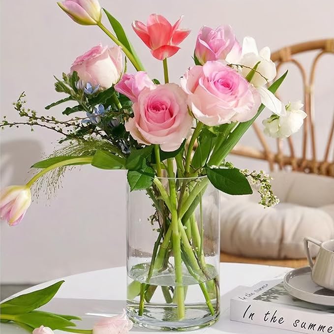 3 Pcs Acrylic Clear Cylinder Flower Vase for Plants Bouquet, Unbreakable Hurricane Tall Large Plastic Vases for Wedding Centerpieces, Hydroponic Decor Base Set of 3 (H 8" + H 10" + H 12" No Flowers)