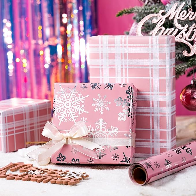 MAYPLUSS Pink Christmas Wrapping Paper, Snowflake Wrapping Paper, Metallic Foil Girly Pastel Snowflake, Plaid Design Christma Gift Wrap for Girl Women Winter Holiday (Mini Roll, 17 Inch X 16.5 Feet)