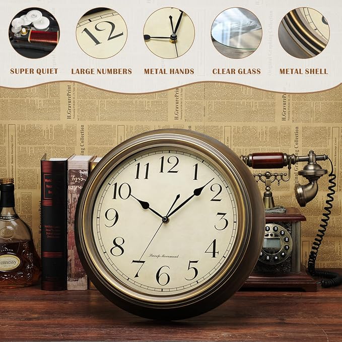 Plumeet Metal Wall Clock, 13'' Non Ticking Classic Silent Iron Wall Clocks Decorative Kitchen Living Room Bedroom, Arabic Numerals, Battery Operated (13'', Brown)