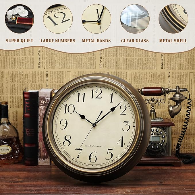 Plumeet Small Metal Wall Clock, 10'' Non Ticking Classic Silent Iron Wall Clocks Decorative Kitchen Living Room Bedroom, Arabic Numerals, Battery Operated (10'', Brown)