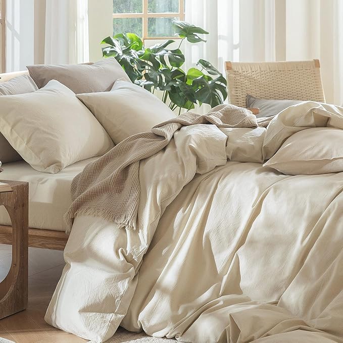 MooMee Bedding Duvet Cover Set 100% Washed Cotton Linen Like Textured Breathable Durable Soft Comfy (Heathered Almond Milk Grey, Super King 108"x98")