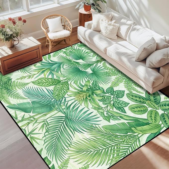 Tropical Leaves Area Rug 6'x9' Green Botanical Palm Fern Leaf Rug Non Slip Washable Indoor Floor Mat for Bedroom Living Room Nursery Kitchen Playroom Home Decor
