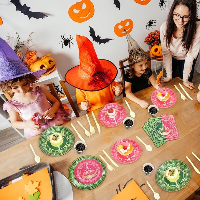 Roshtia 25 Set Witch Party Supplies Pink and Green Paper Plates Napkins Tablewares Disposable Witch Dinnerware for Girls Women Witchy Birthday Party Decorations Favors