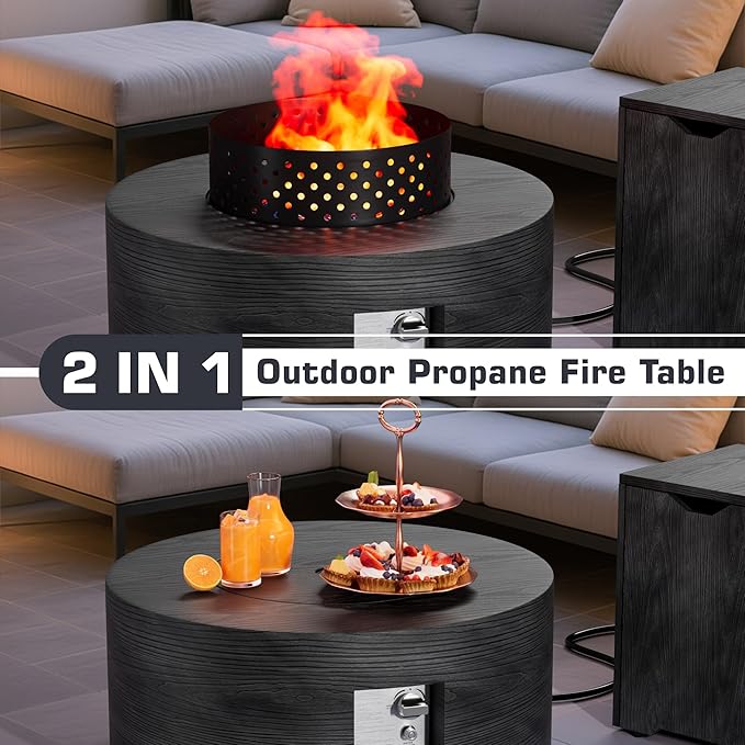2-Piece 30" Round Propane Fire Pit for Outside Patio with Hidden Tank Table, 50,000 BTU Fireplaces with Wind Guard, Lid, Glass Rocks, Cover(Wood Grain Ebony)