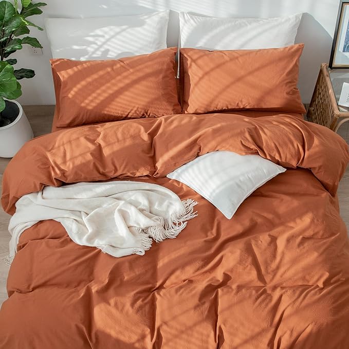 MooMee Bedding Duvet Cover Set 100% Washed Cotton Linen Like Textured Breathable Durable Soft Comfy (Solid Rust Brown, Twin 68"x90")