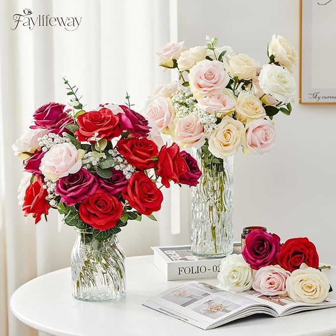 50PCS Artificial Red Roses, 3.9'' Silk Flower Head Fake Red Rose with Long Stems, Realistic Faux Roses Bouquet for DIY Wedding Home Party Office Decoration