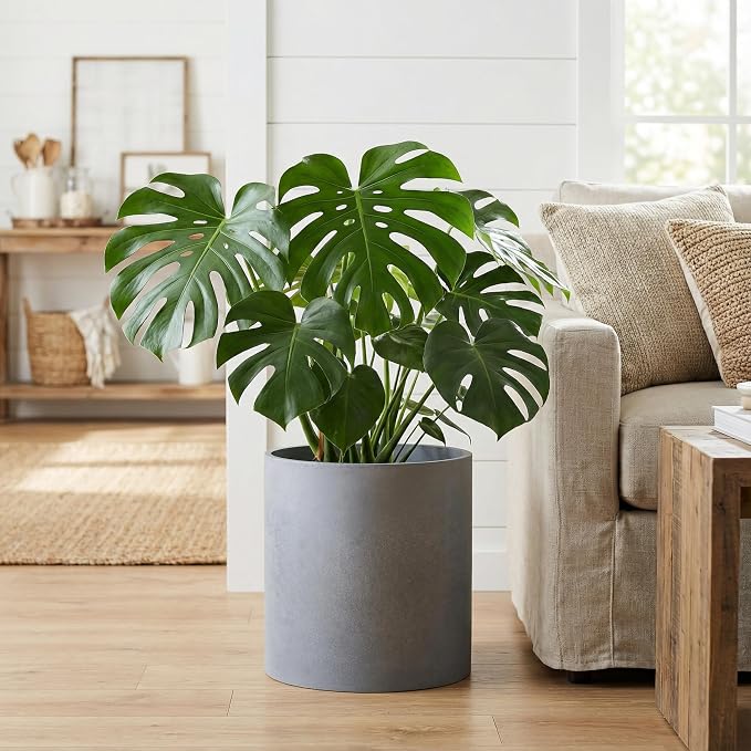 FaithLand 14 Inch Fiberstone Planter - Lightweight Modern Cylinder Plant Pot with Drainage Hole & Plug, Authentic Concrete Look, Gray