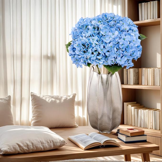 Kimura's Cabin 5Pcs 21inch Realistic Blue Artificial Hydrangea Flowers Real Touch Faux Hydrangeas with Stem Bouquet for Wedding Home Baby Shower Party Table Centre Decoration(Blue)