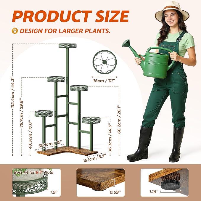 Wood Corner Stand Plants, 5 Tiered Wood Plant Stands Tall Indoor,Heavy Duty Metal Flower Pot Stands for Multiple Plants,Decoration Display Racks for Patio Garden -GreenFlower
