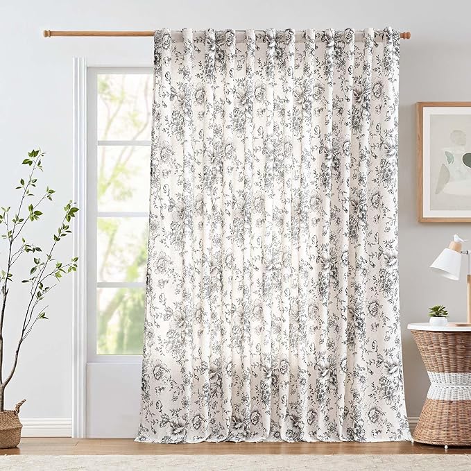 jinchan Linen Floral Curtains 100 Inch Extra Wide for Patio Sliding Glass Door Room Divider Curtain for Living Room 96 Inch Length Farmhouse Peony Black Printed Curtain Set 1 Panel