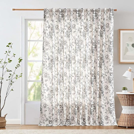 jinchan Linen Floral Curtains 100 Inch Extra Wide for Patio Sliding Glass Door Room Divider Curtain for Living Room 96 Inch Length Farmhouse Peony Black Printed Curtain Set 1 Panel