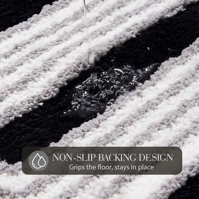Wavy Boho Bathroom Rugs, Cute Retro Scalloped Bath Mat with Funky Geometric Design, Black Room Decor Cool, Machine Washable Soft Non-Slip Bath Rug, Black and White Bathroom Rugs, 30" x 20"
