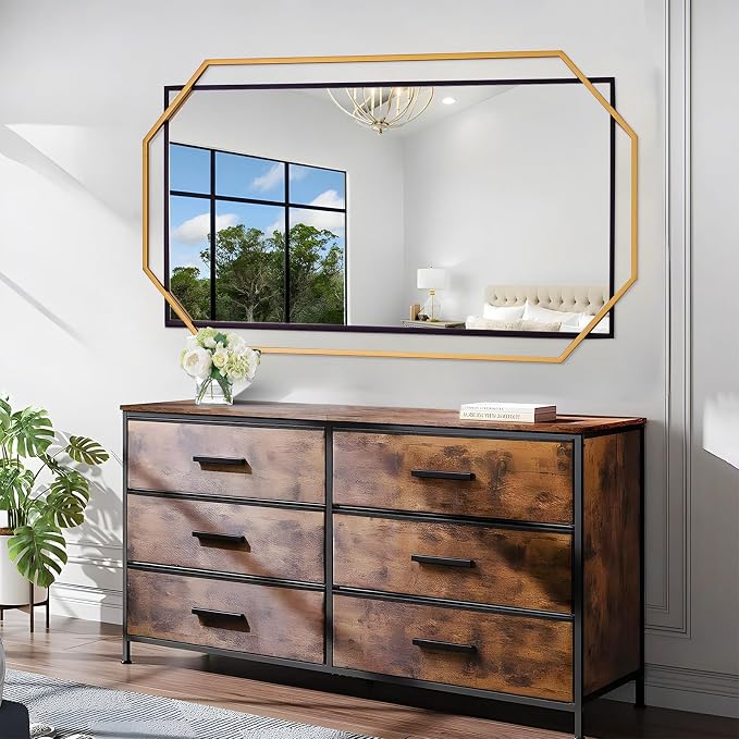 60"x30.5" Black and Gold Large Mirror for Bedroom Wall, Extra Bathroom Rectangular Mirror with Decorative Metal Octagonal Frame, for Entryway,Living Room, Dining Room