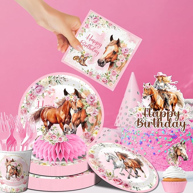 Horse Birthday Decorations for Girls,199pcs Cowgirl Birthday Party Decorations Horse Party Plates Napkins Cups Balloons Tablecloth Cake Toppers Honeycomb for Horse Party Decorations,Serve 24