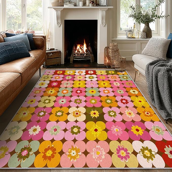 70s Floral Rugs 6x8, Retro Colorful Groovy Washable 6 x 8 Area Rug for Living Room, Bedroom, Low Pile Non Slip Stain Resistant Carpet, 70s Retro Home Decor Accessories & M845