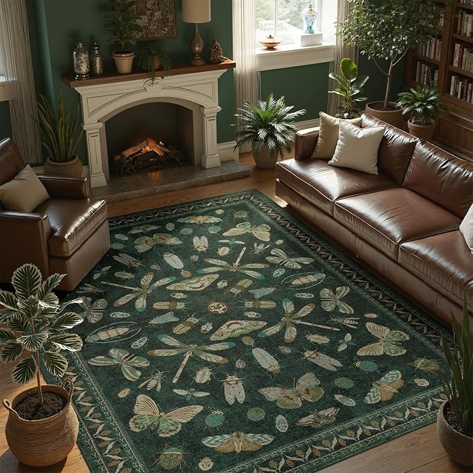 DCX 5x7 Washable Insect Rug, Vintage Gothic Dark Green Rug with Non-Slip Rubber Backing, Soft Low-Pile, Stain-Resistant, Kid & Pet Friendly, for Living Room, Bedroom, Office, and Nature-Themed Decor