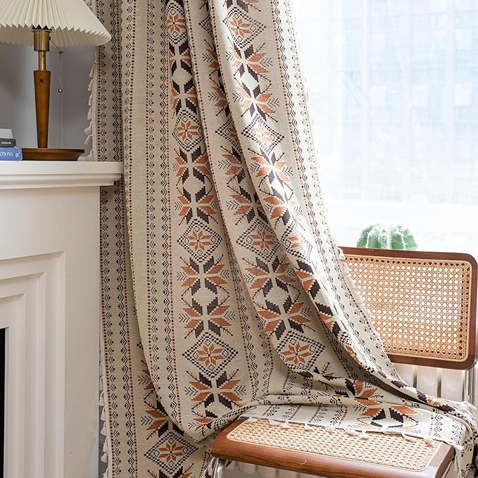 Boho Curtains 63 Inch Length 2 Panels Geometric Patterned Drapes Bohemian Semi Sheer Rod Pocket Tassel Short Window Curtain Panels for Bedroom Living Room Farmhouse Coffee Brown Vintage Rustic Curtain