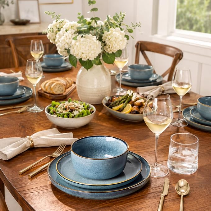 GBHOME 24 Pieces Double Bowls Ceramic Dinnerware Sets for 6, Stoneware Plates and Bowls Set with Reactive Glaze, Scratch Resistant Stoneware Dishes Set, Dishwasher & Microwave Safe