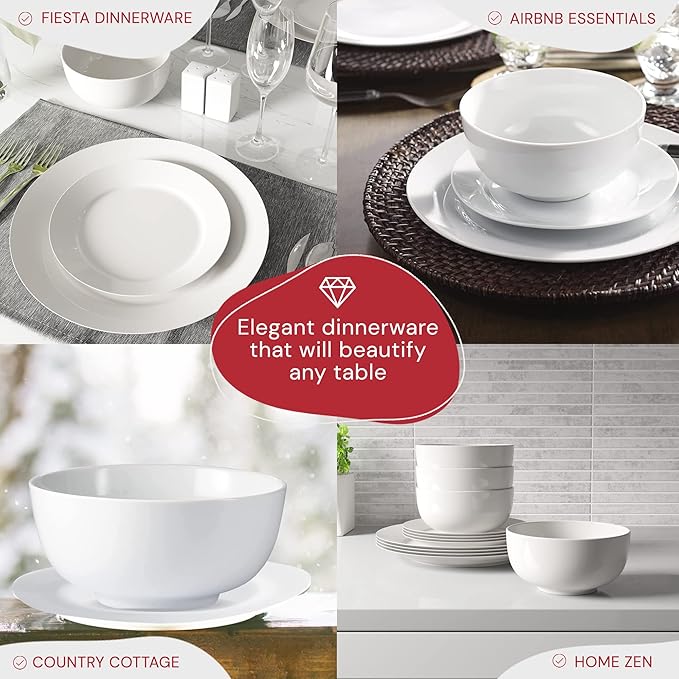 Safdie & Co. 12-Piece Modern Porcelain Ceramic Rim Aspen Dinner Set, Stackable, Lightweight Design for Everyday Use, in White Sketch