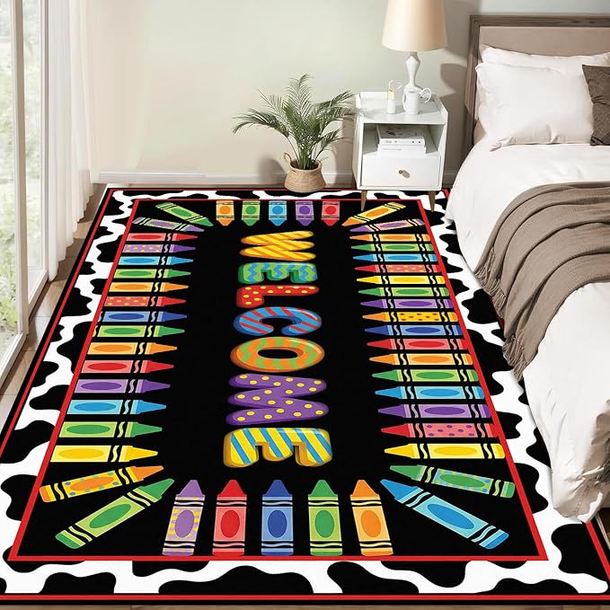 Welcome Crayon Area Rug 3'x5' Colorful Alphabet Rugs for Entryway Bedroom Living Room Nursery Playroom Classroom Home Decor Non-Slip Washable Carpet Kids Floor Mat