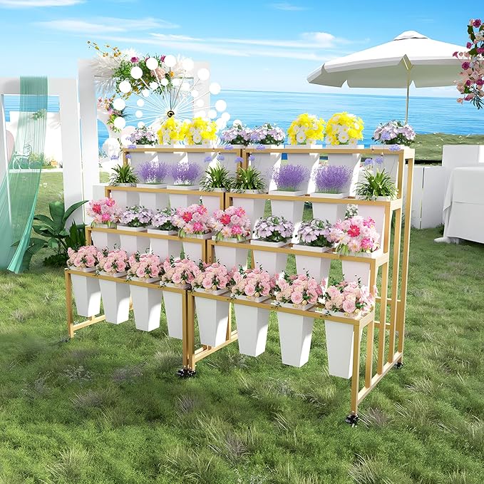 Flower Display Stand with 16 Buckets, 4 Layers Flower Bar, Gold Metal Plant Stand with Wheels, Heavy Duty Flower Cart for Indoor Outdoor Patio Garden Wedding Florist, Gold Metal Frame