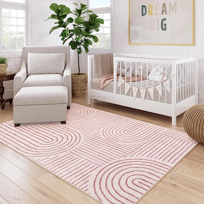 Lahome Abstract Washable Rugs 5x7, Soft Pink Rugs for Living Room Bedroom Girls, Ultra-Thin Non-Shedding Modern Throw Large Carpet for Dining Room Office Darrell(5'x7',Pink)