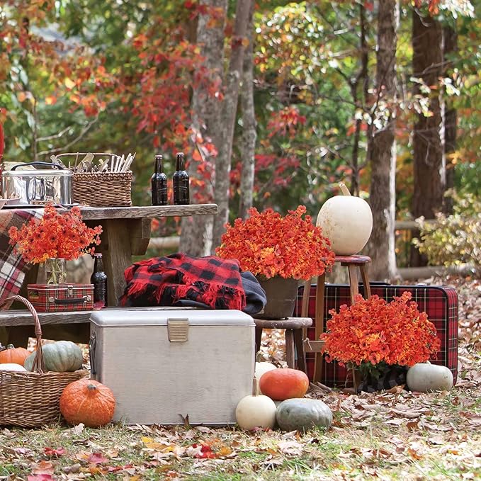 Artificial Fall Flowers Outdoor UV Resistant Fake Mums Bulk Outdoor Faux Mums Plants Plastic Flower Decorations for Home Garden Porch Hanging Planter Vase Autumn Decor Outside, 12 Bundles (Orange)