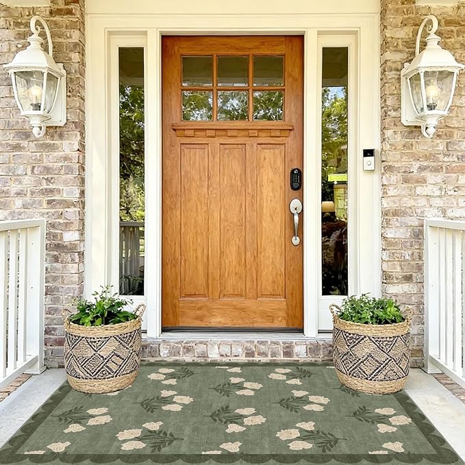 4x6 Covered Outdoor Patio Rug - Green Washable Front Porch Entry Rug Non-Slip Door Mat Indoor Outside Entrance Vintage Floral Scalloped Area Rug for Living Room Entryway Backyard Porch Decor