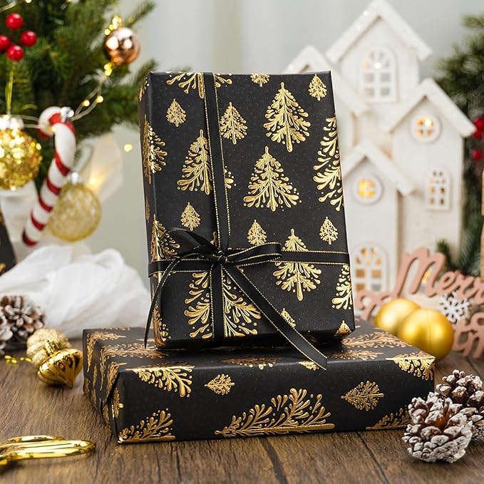 Flyhill Black Kraf Christmas Wrapping Paper,Gold 3D Embossed Foil Christmas Pine Tree with Woodlands Wrap Paper for Holiday, Party,Celebration, New Year (17 Inch X 32.8 Feet)