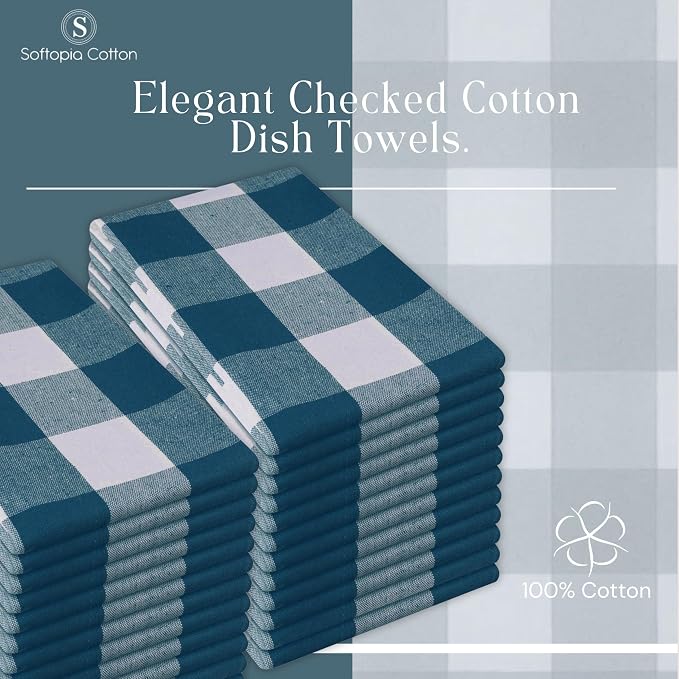 Teal Buffalo Check Plaid Kitchen Towels, 4 Pack, 100% Cotton, 16x26 Inches, Super Absorbent, Quick Dry, Soft, Dish Drying & Cleaning Towels with Hanging Loop, Teal Green and White
