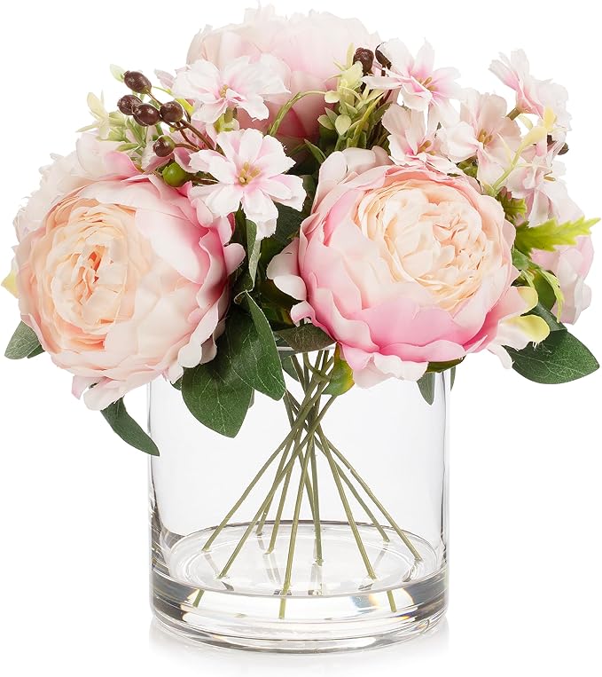 ENOVA FLORAL Artificial Flower Arrangement with Vase,Mixed Artificial Fake Silk Peony Flower in Vase for Decoration Home Office, Wedding Centerpiece (Pink01)