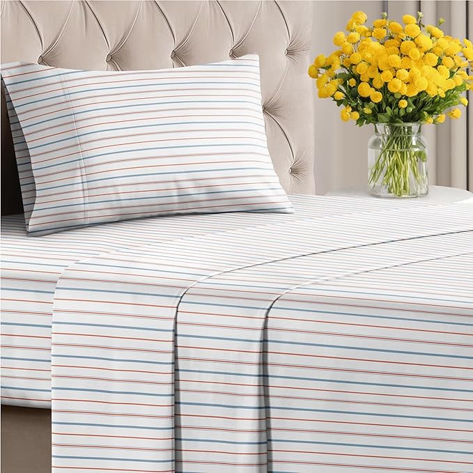 Striped Sheets - Red & Blue Striped Sheets - 1 Flat & 1 Fitted & 1 Pillowcase w/ Deep Pockets – Wrinkle & Fade Free - Ultra-Soft, Breathable & Cooling – Luxury Pinstripe Bedding - Twin XL Size Bed Set