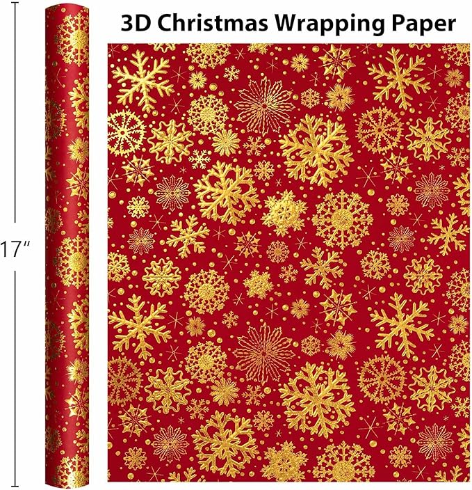 Flyhill Kraft Christmas Wrapping Paper,Gold Luxury Snowflake Metallic Gold Embossed Foil Gift Wrap Roll Design for Holiday, Party,Celebration, New Year (17 Inch X 32.8 Feet)