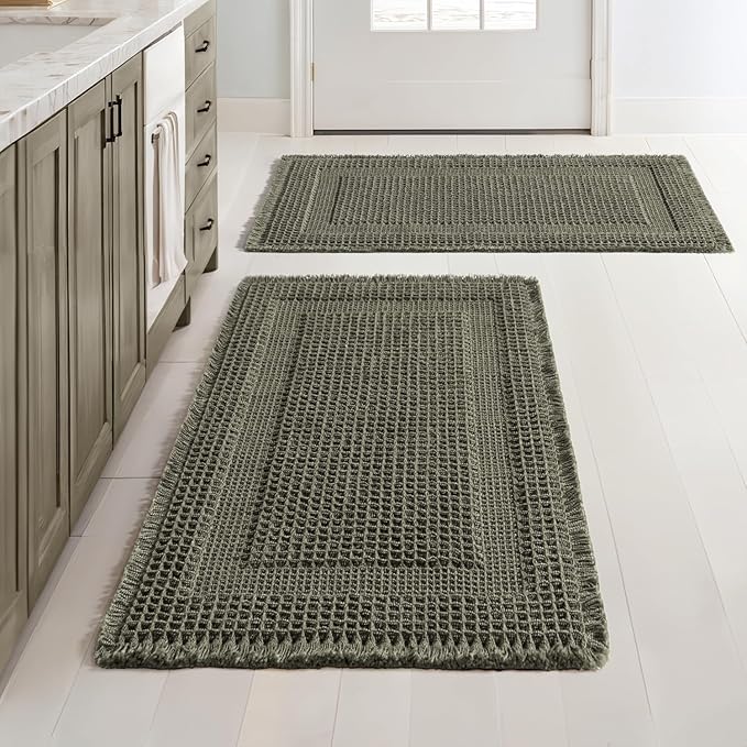 MIULEE Set of 2 Waffle Bathroom Rugs, Boho Bath Rug Super Absorbent, Non Slip Washable Ultra Soft Rubber Backed Shower Bath Mats for Floor, Tub, Shower, Looped Design, Green, 24x36 Inch