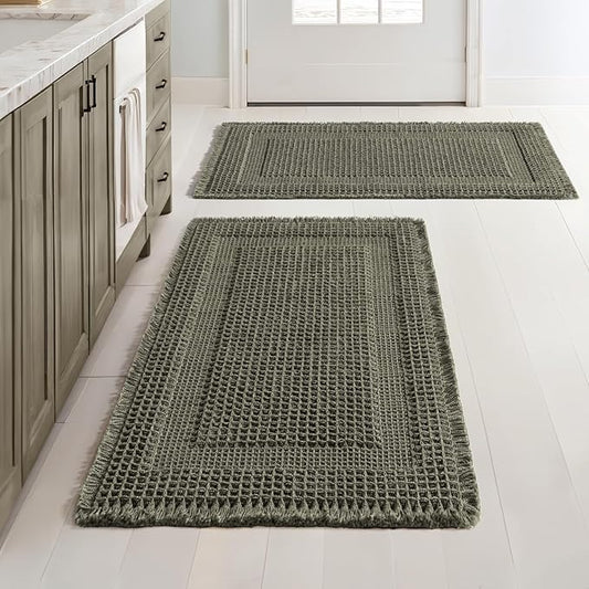 MIULEE Set of 2 Waffle Bathroom Rugs, Boho Bath Rug Super Absorbent, Non Slip Washable Ultra Soft Rubber Backed Shower Bath Mats for Floor, Tub, Shower, Looped Design, Green, 24x36 Inch