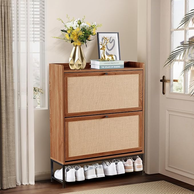 LEVNARY Shoe Cabinet Set of 2, Wooden Narrow Shoe Racks Cabinet Storage with 2 Flip Drawers, Hidden Freestanding Shoe Organizer for Hallway, Entryway, Home (2, Walnut)