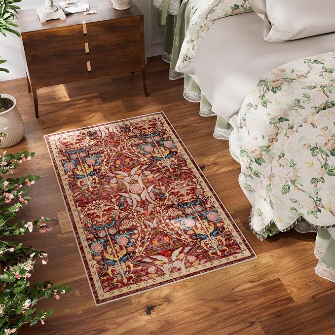 AMTOVO 2x3 Washable Indoor Welcome Door Mat, Vintage Boho Floral Distressed Print Non-Slip Area Rug, Small Throw Rugs for Entryway Indoor Entrance Kitchen Bathroom Laundry Bedroom Floor, Red