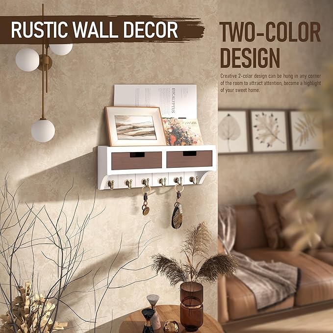 Rebee Vision Key Holder Wall Mount with 2 Drawer Organizer: Decorative 2-Color Mail Organizer for Wall with 6 Hooks - Farmhouse Home Organization for House Decor (White & Retro Brown)
