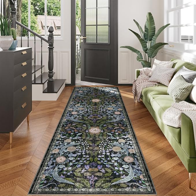 AMTOVO 2x6 Runner Rug for Hallway, Washable Non-Slip Long Kitchen Carpet, Floral Vintage Distressed Floor Mat for Hallways Entryway Living Room Laundry Room Bathroom Farmhouse, Black